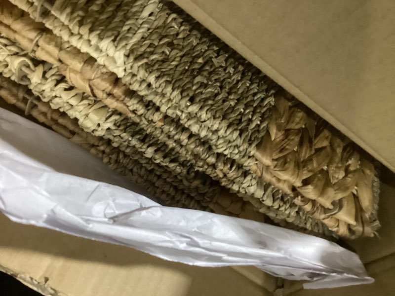 Condition photo showing Good Condition for 12x12 Storage Cube Bins Wicker Storage Basket for Cube Shelf, Natural Foldable Square Baskets for Storage, Large Woven Cube Storage Bin with Handle, Baskets for Pantry, Bedroom Set of 4 11.8 x 11.8 in