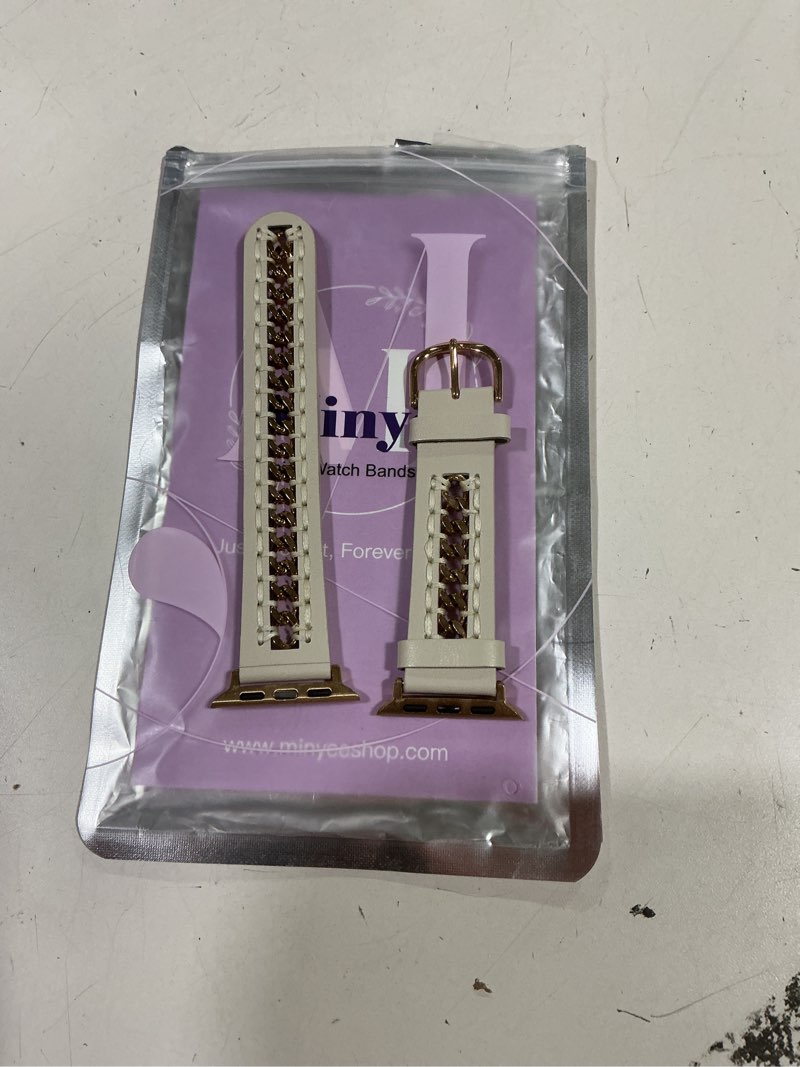 Condition photo showing New/Like New for Minyee Leather Band Compatible with Apple Watch Bands 38/40/41/42/44/45/46/49mm Women, Dressy Premium Leather Strap with Stainless Steel Metal Chain for iWatch Series 11 10 9 8 7 6 5 4 SE/Ultra 3 2 1 Starlight/Rose Gold 38/40/41/42mm(Series 11/10)
