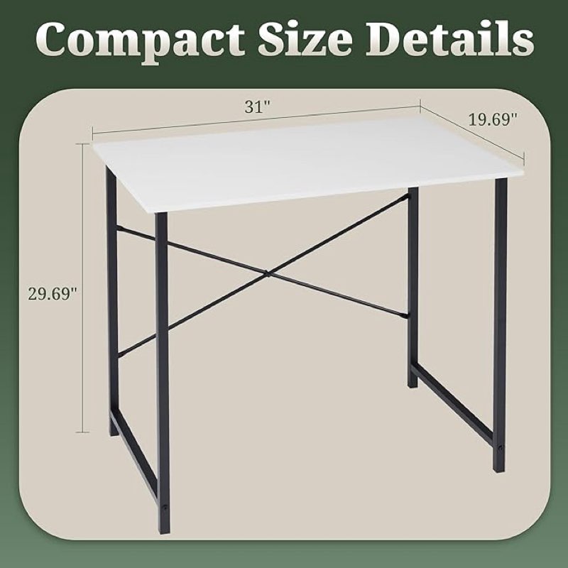 computer desk 32 inch, simple home office desk study writing table, sturdy metal frame, scratch-resistant mdf desktop for bedroom dorm workspace small space, white