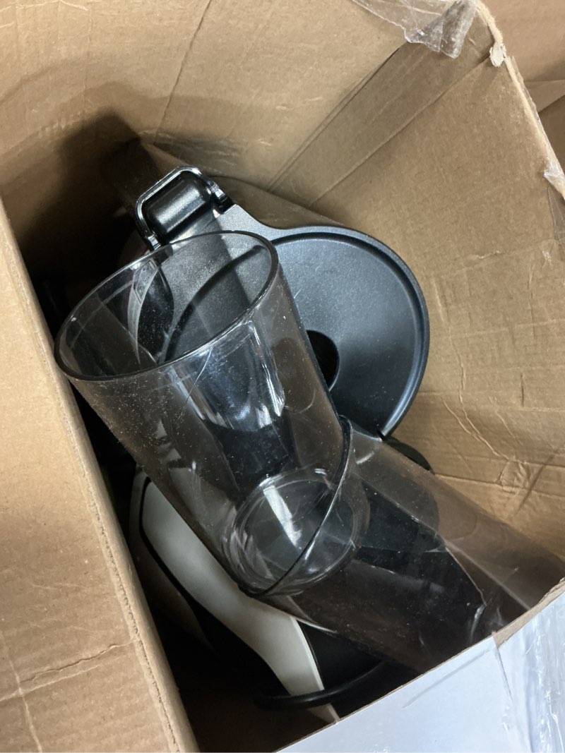 Condition photo showing As Is for eanoruus juicer machines, 3-in-1 cold press juicer with 6.5" extra large chute, 100oz large capacity, ac motor, makes juice, nut milk & sorbet, bright white