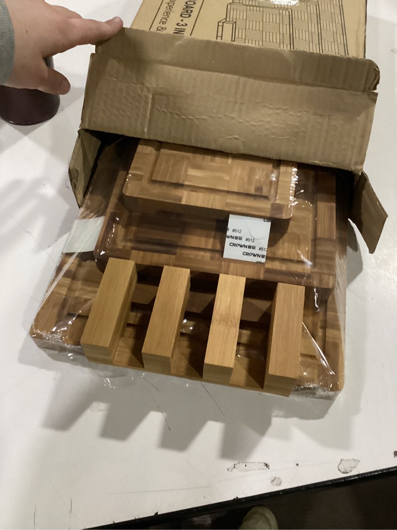 Condition photo showing Good Condition for Bamboo Cutting Boards for Kitchen,Chopping Boards Set with Juice Groove,End Grain Bamboo Butcher Block,Serving Board with Holder(3 Pcs)