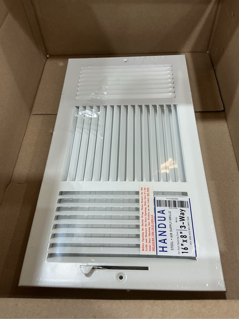 Condition photo showing New/Like New for fits 16x8 duct opening 3 way steel air supply diffuser by handua | register vent cover grille for sidewall and ceiling | white | outer dimensions: 17.75" x 9.75" 1 16" x 8" duct size