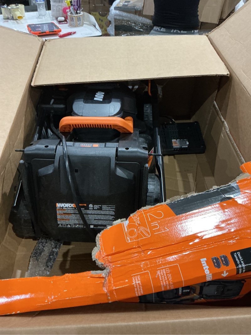 Condition photo showing As Is for worx 14" cordless lawn mower, 2 in 1 electric mower cuts quietly, compact & lightweight push lawn mower with 6-position height adjustment for small yards, 2 batteries & charger included, wg779 14" 40v mower w/(2) 4.0ah batteries