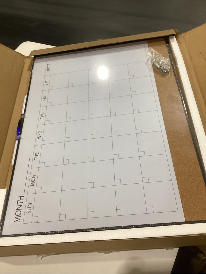 Condition photo showing New/Like New for arcobis dry erase calendar with cork board for wall, 24"x 18" magnetic calendar whiteboard with black frame, monthly combination board for school, home, office black 24" x 18" with cork