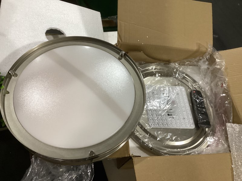 Condition photo showing As Is for kalium led ceiling light with remote 2 pack 14 inch flush mount ceiling light fixture, 24w 3000k-6000k adjustable color temperature, dimmable lighting fixtures for kitchen bedroom. hardwired 2pack brushed nickel 14inch