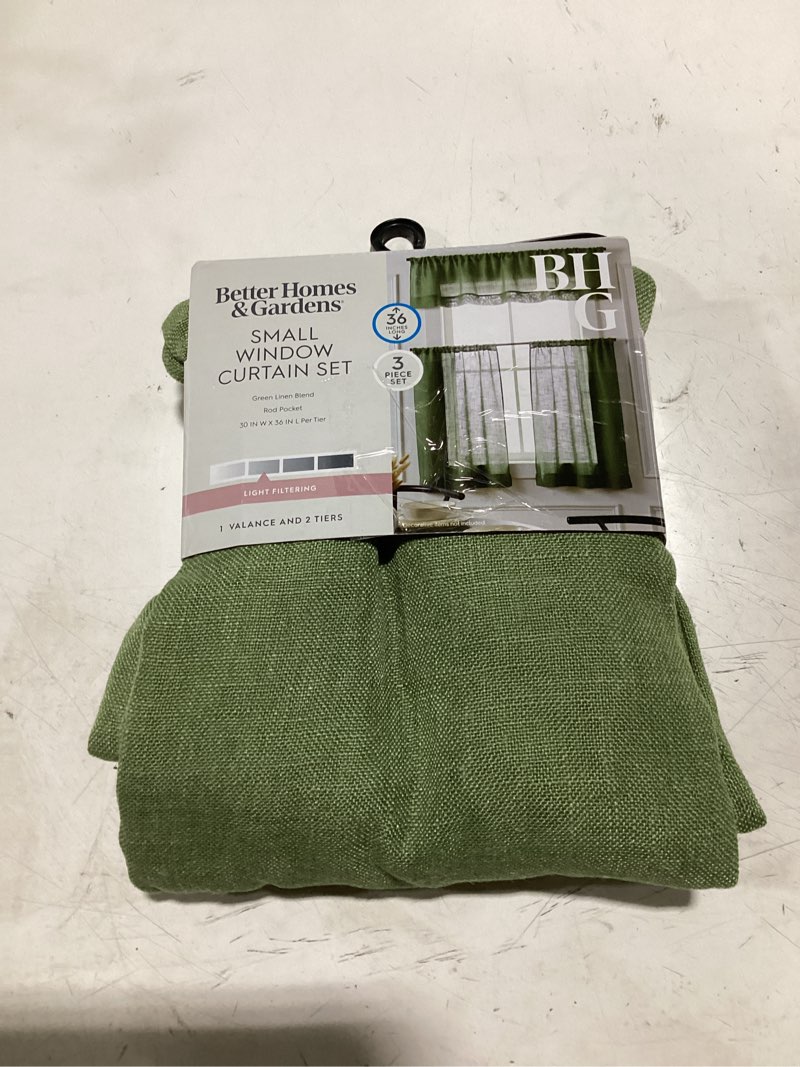 Condition photo showing Good Condition for better homes & gardens 100% blackout linen blend single curtain, 50x84, dark cilantro
