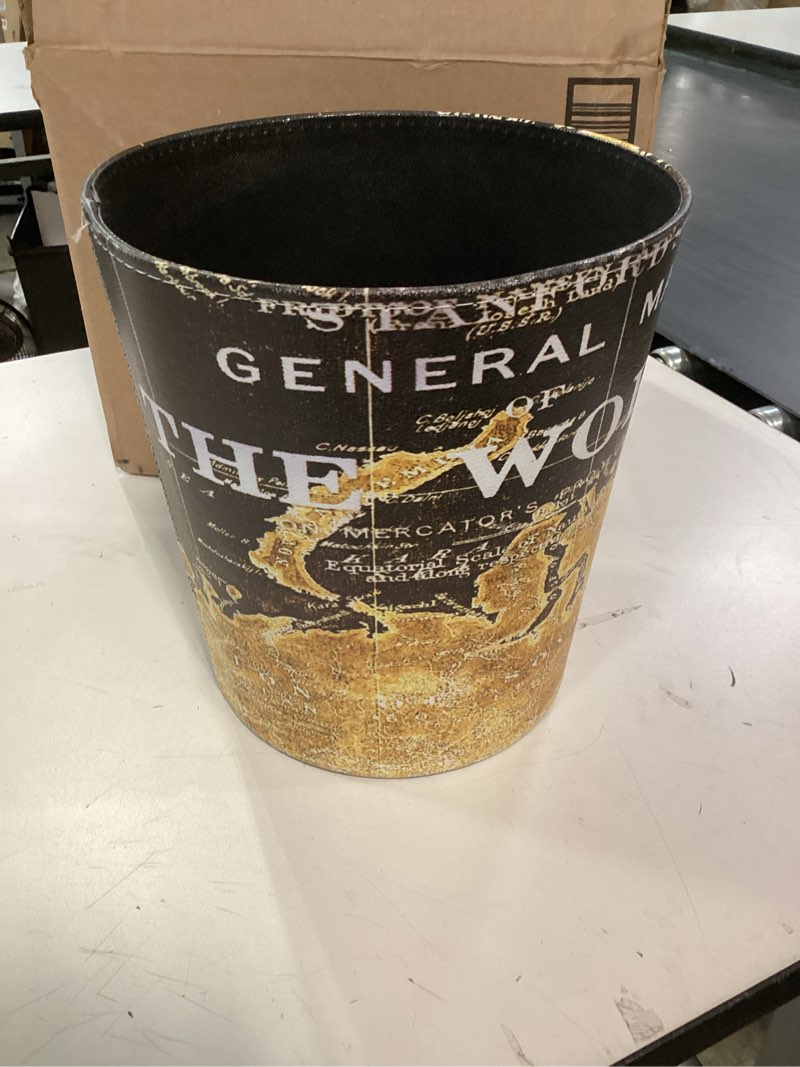 Condition photo showing Good Condition for Wastebasket, Retro European Style Household Home Office Round PU Leather Waste Bin Paper Basket Trash Can Dustbin Garbage Bin Wastepaper Basket Ashcan Ashbin - Map Map - Brown