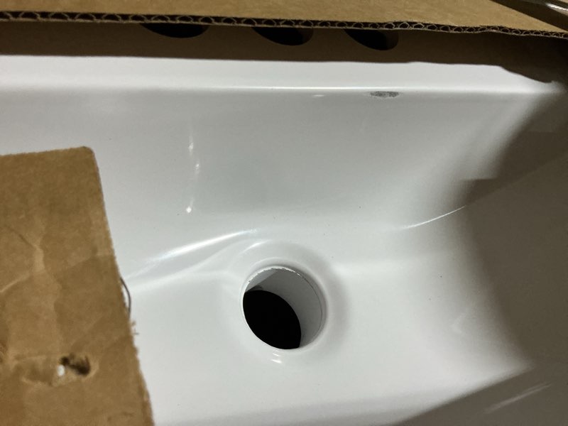 Condition photo showing As Is for project source alec 24-in true white single sink bathroom vanity with white cultured marble top