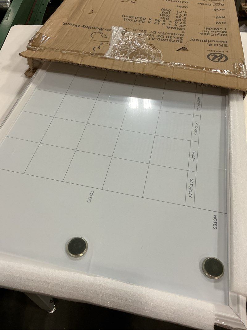Condition photo showing New/Like New for u brands magnetic dry erase calendar white board, 30" x 20", white wood style frame, includes magnets 30"w x 20"h