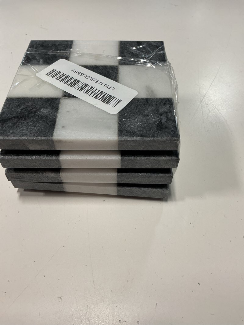 Condition photo showing Good Condition for checkered marble coasters – set of 4 aesthetic black and white stone drink coasters for table, kitchen accessories, checkered home decor and modern decor for home