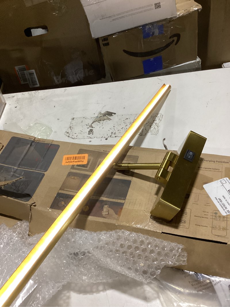 Condition photo showing As Is for battery operated picture light with wireless remote 3cct dimmable gold wall art lights for paintings 3 color rechargeable cordless decor gallery light 24'' artwork lighting for canvas timer function brass 24 inches