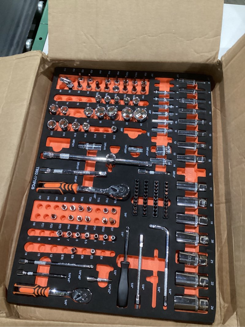 Condition photo showing As Is for (incomplet)jzd tool set in foam storage tray, 171 pieces 3/8\" socket mechanic, for home garage auto repair shop factory 171 pcs