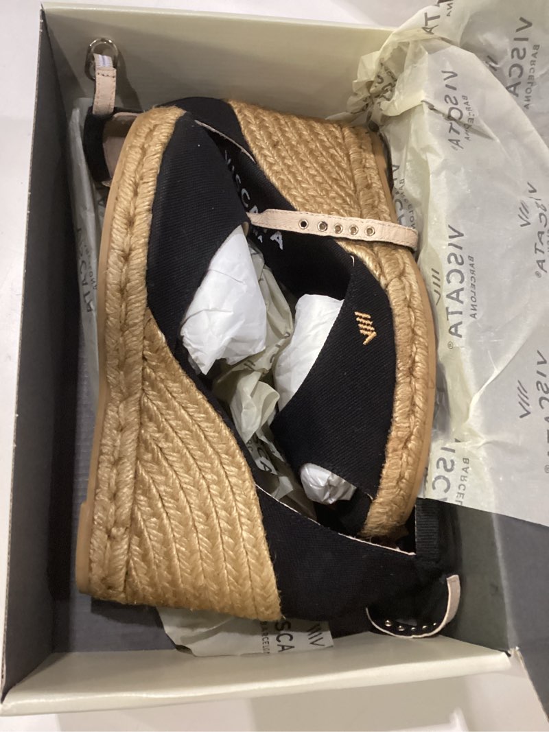 Condition photo showing Good Condition for viscata aiguafreda espadrille canvas wedges spain handmade 3 ½” heel women's open toe sandals with breathable organic cotton canvas and 100% natural jute midsole for all occasions: casual, work, party 7 black