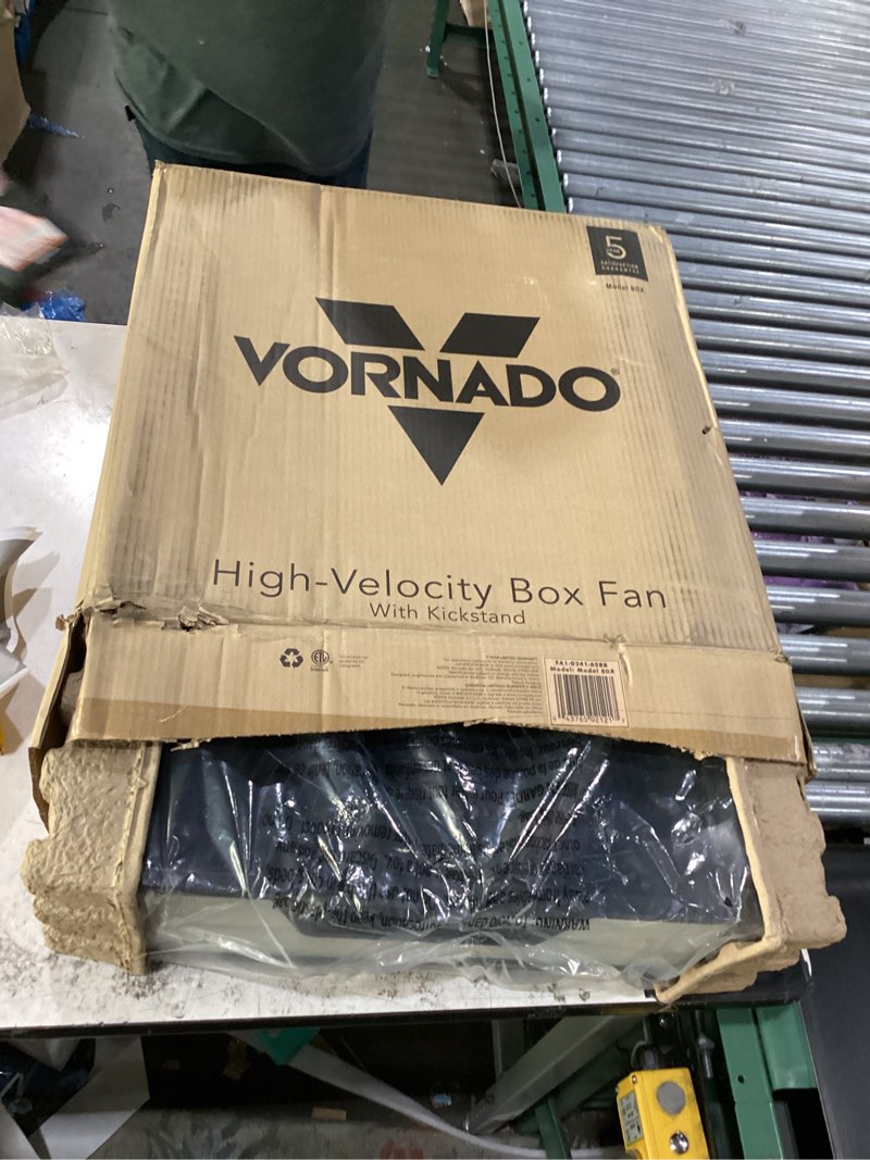 Condition photo showing New/Like New for vornado model 80x high velocity box fan with kick stand, digital display, removable grille, variable speed control, 1-12 hour timer, powerful floor fan for bedroom, targeted cooling fan, cool gray