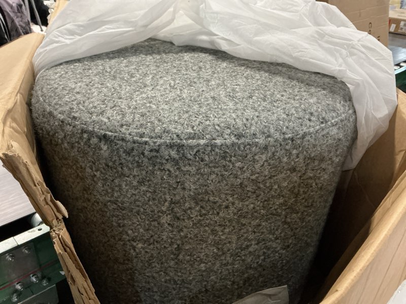 Condition photo showing Good Condition for studio living wentworth 19" round ottoman, urban transitional, fully assembled, faux sherpa fabric, gray grey