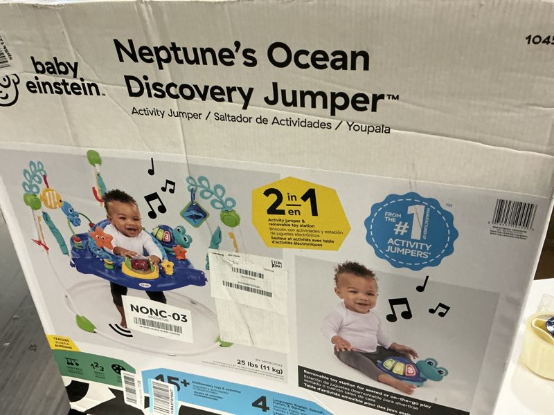 Condition photo showing New/Like New for baby einstein neptune's ocean discovery activity baby jumper activity center, ages 6 months +, max weight 25 lbs., unisex