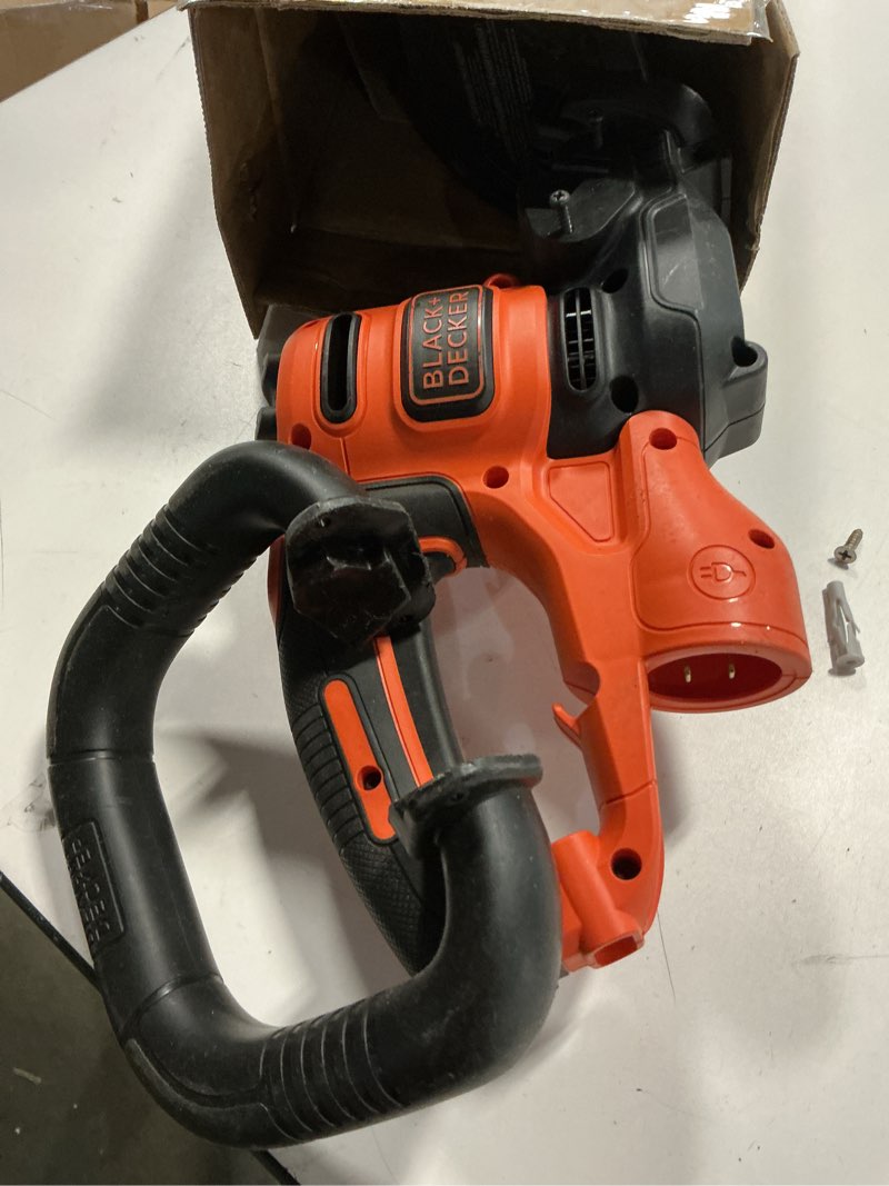 Condition photo showing As Is for black+decker 22" electric hedge trimmer, lightweight 4.0 amp corded dual action shrub trimmer, full wraparound handle, high output low vibration (beht350ff)