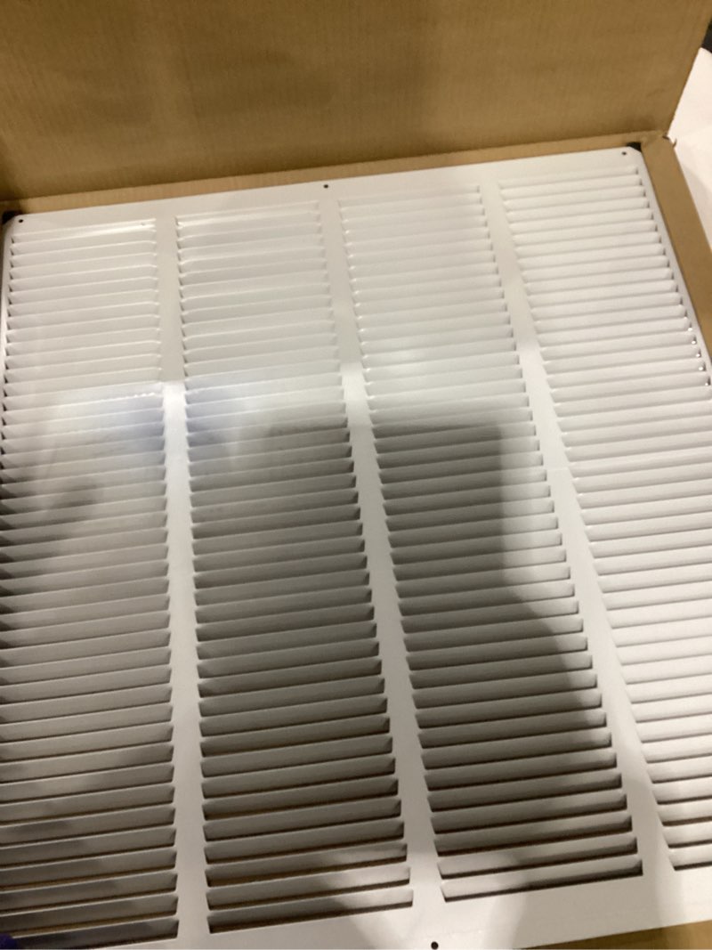 Condition photo showing Good Condition for hvac premium 30'' x 10'' [duct opening] flat stamped steel return air grille - sidewall and ceiling - hvac vent duct cover - white [outer dimensions: 31.75''w x 11.75''h] 1 count (pack of 1)