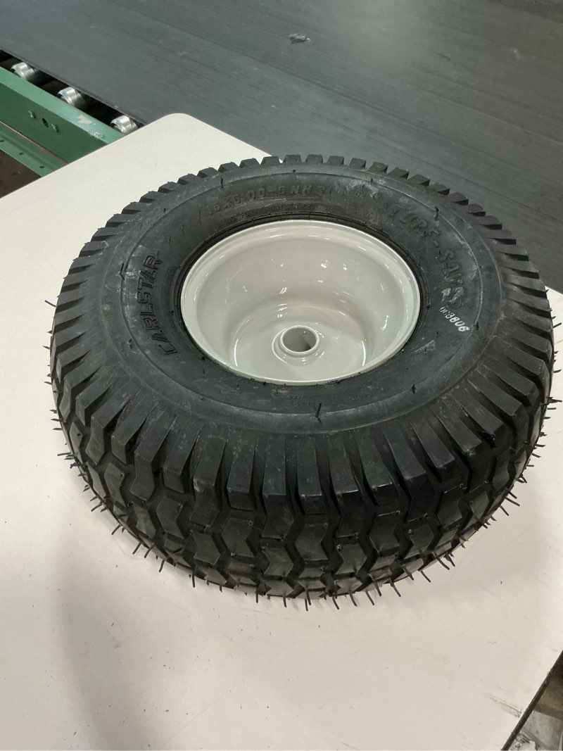Condition photo showing As Is for 15x6.00-6 tire, 3/4 & 5/8 bearing, 3” hub flat free lawn mower tire with rim