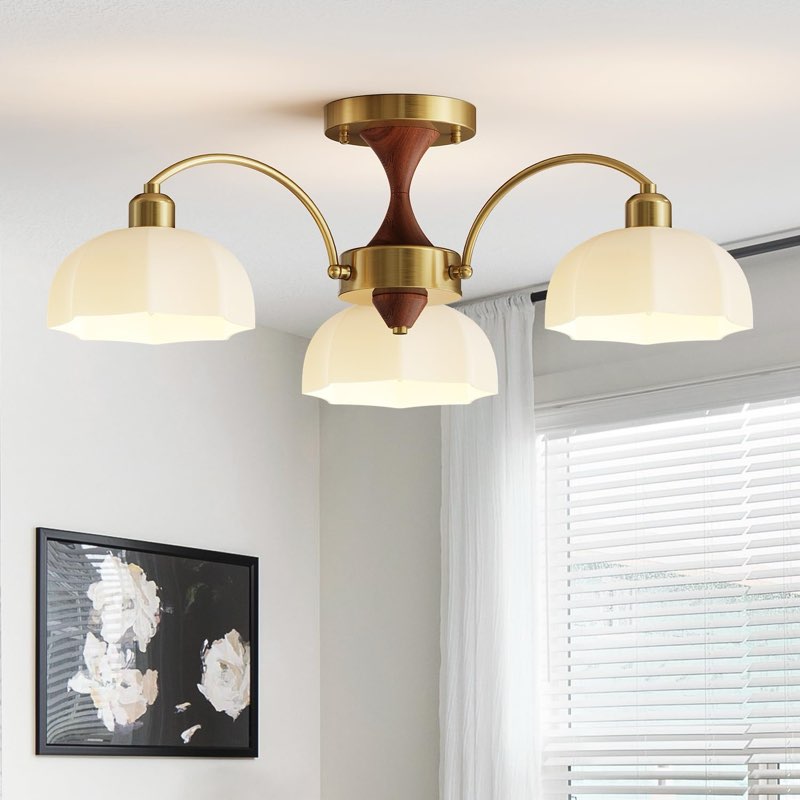 Milk Glass Chandelier Farmhouse Rustic Semi Flush Mount Ceiling Lamp Frosted White Globe Pendant Lig