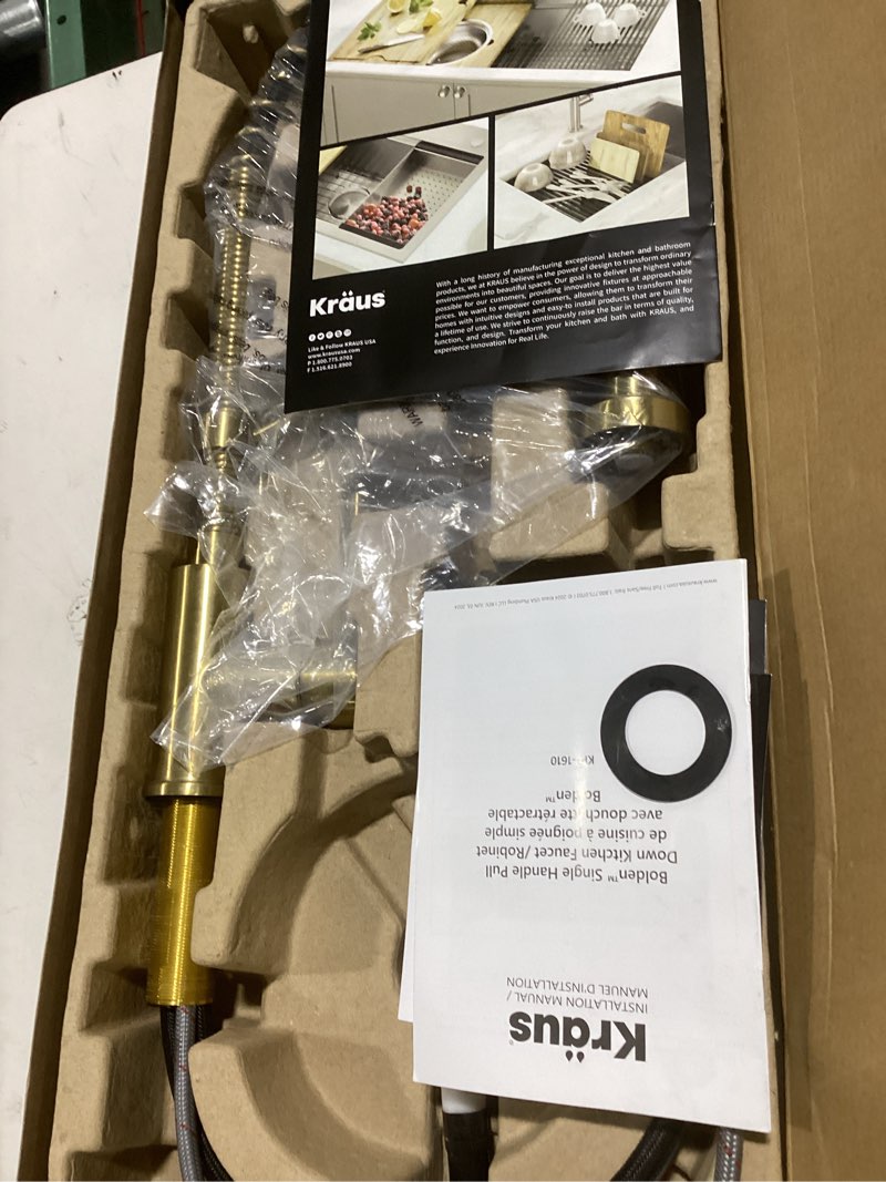 Condition photo showing Good Condition for kraus bolden commercial style 2-function single handle pull down kitchen faucet in spot-free brushed brass, kpf-1610bb brushed brass commercial style