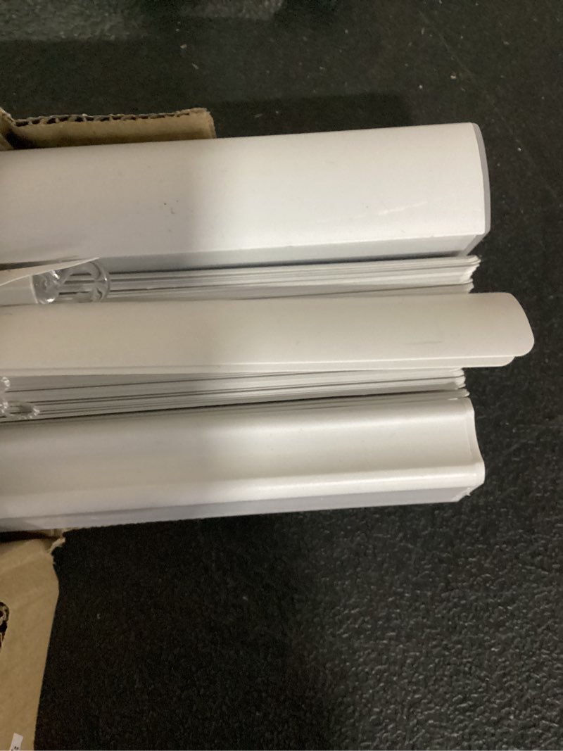 Condition photo showing As Is for room darkening 1-in cordless white vinyl room darkening mini blinds (common: actual: 29in x 64 in