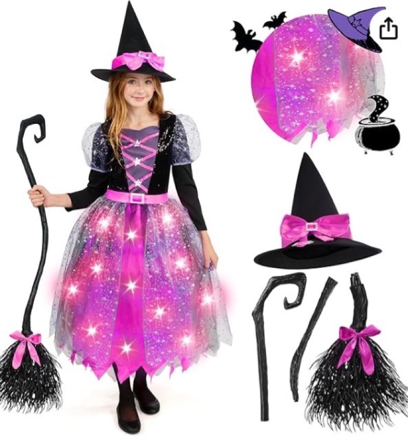 Spooktacular Creations Witch Costume Kids, Light Up Halloween Costumes Witch Dress with Hat and Broom for Girls, Sweet Wizard Set for Toddler Scary Halloween Themed Parties, pink L pink  Large(10-12 yrs)