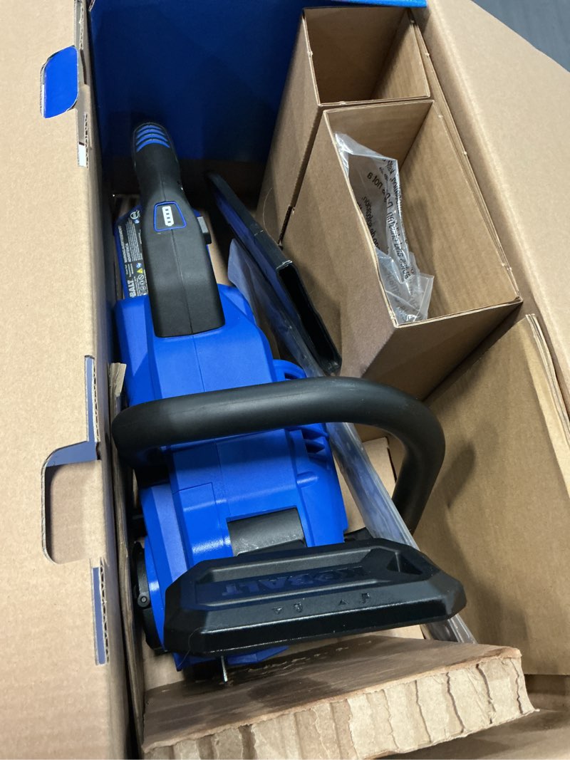 Condition photo showing As Is for kobalt quiet tech 24-volt 12-in battery chainsaw charger not included