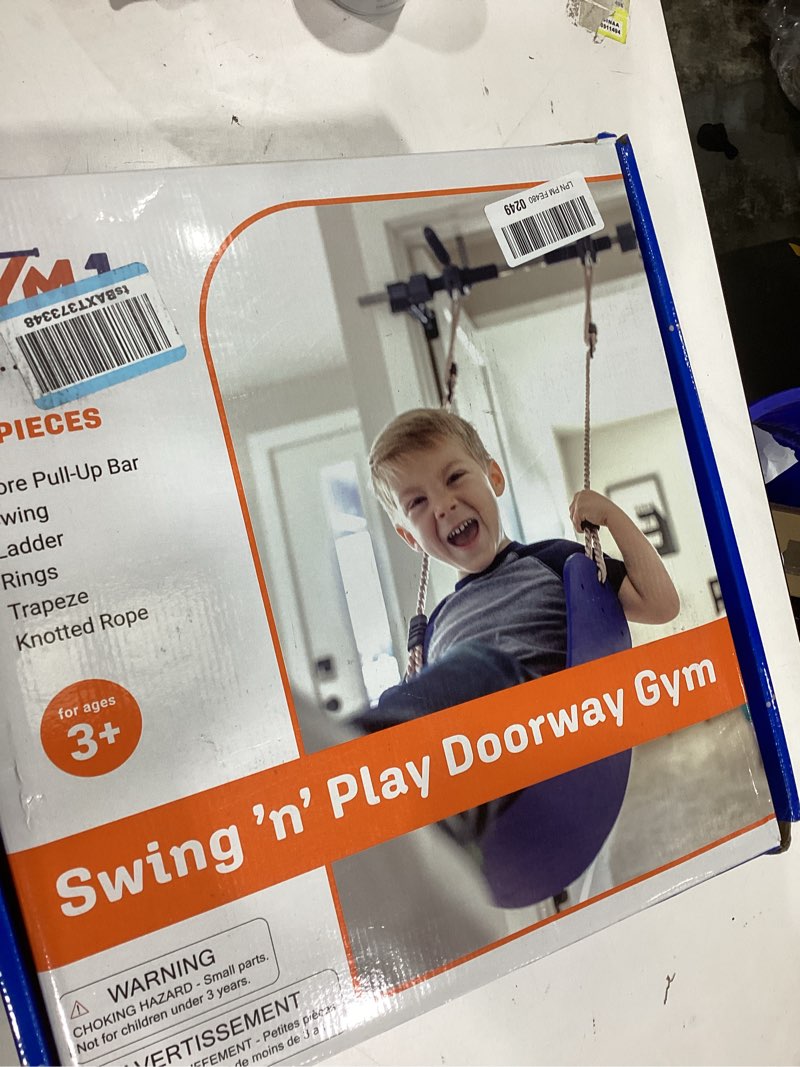 Condition photo showing As Is for Gym1 6-Piece Doorway Gym Indoor Playground - 6-Piece, Blue - Indoor Playset with Sensory Swing, Pull-Up Bar & Rings, Trapeze, Ladder & Knotted Rope 6 Piece