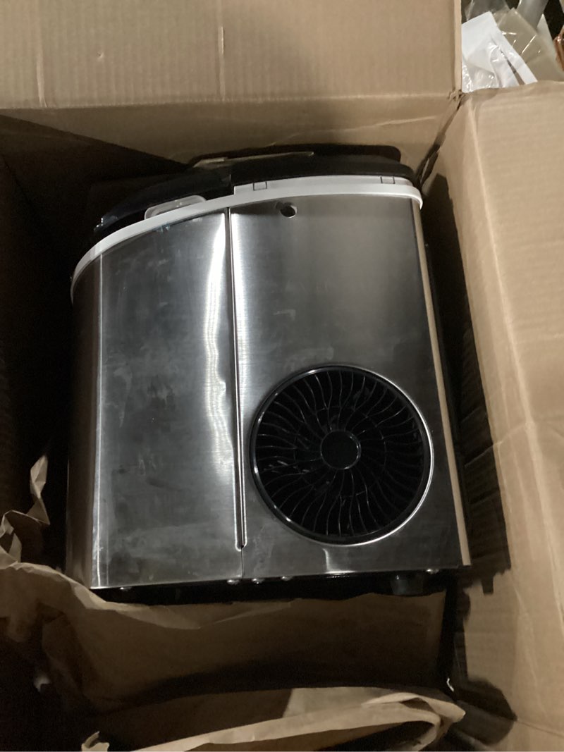 Condition photo showing As Is for ecozy Nugget Ice Maker Countertop with Handle, Pebble Ice in 5 Mins, 33 lbs Per Day, Self-Cleaning Ice Machine with Ice Bags and Scoop, Portable Ice Maker for Kitchen, Bar, Parties, Camping, RV Stainless Steel Nugget Ice Maker