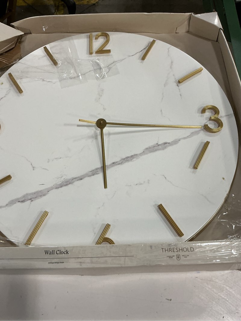Condition photo showing As Is for 26" faux marble finished in polished brass wall clock white - threshold™: elegant timepiece for indoor use