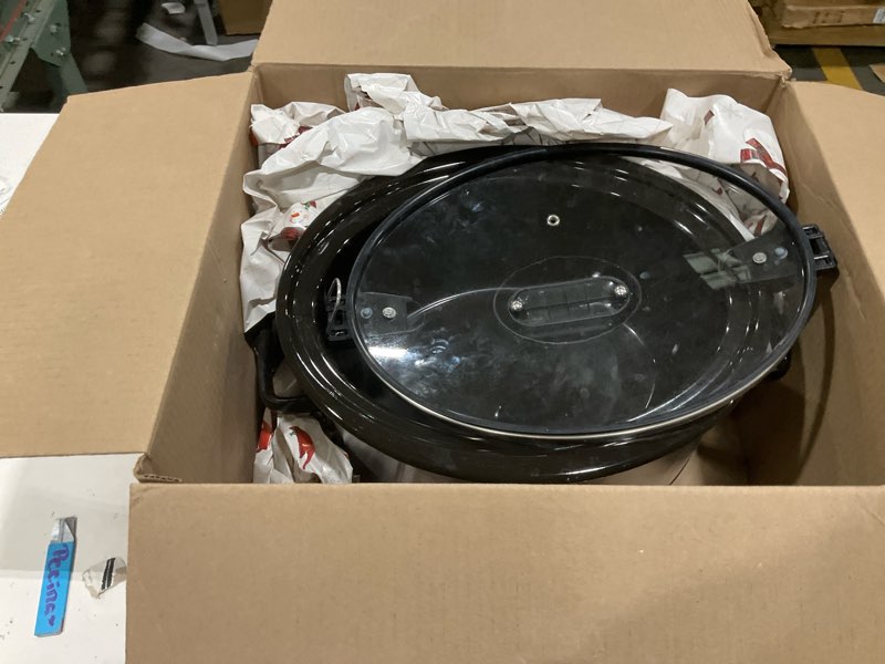 Condition photo showing As Is for Crock-Pot 7-Quart Slow Cooker, Portable Programmable with Timer, Locking Lid, Stainless Steel; an Essential Kitchen Appliance, Perfect for Families and Gatherings