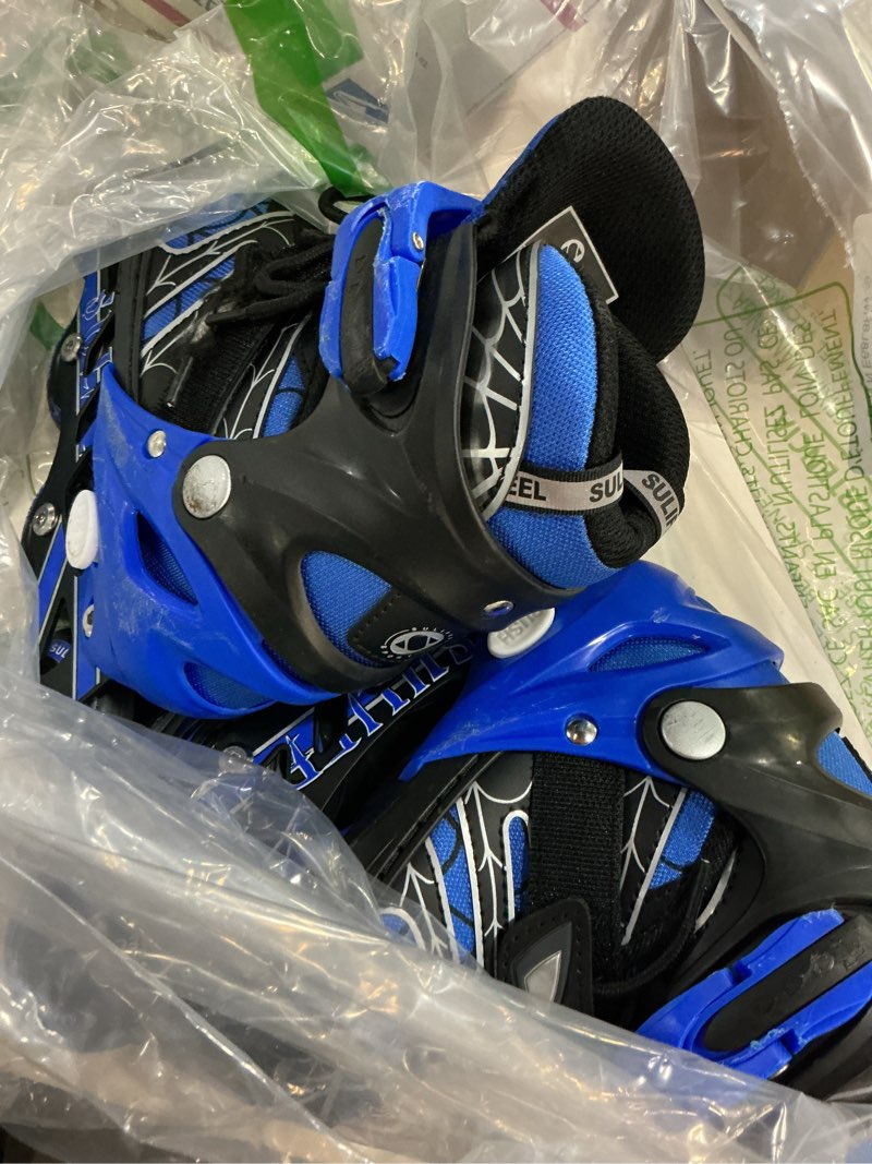 Condition photo showing As Is for sulifeel rainbow unicorn inline skates for girls boys 4 size adjustable light up wheels skates for kids beginner e spider blue small - little kid