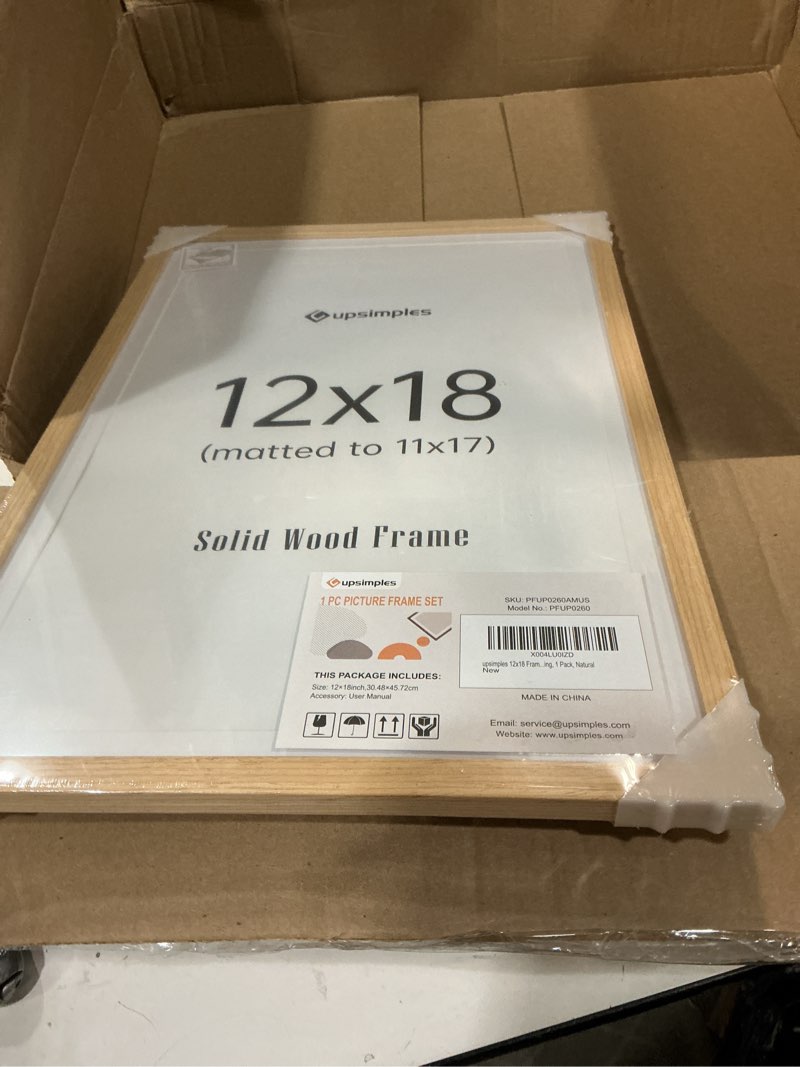 Condition photo showing New/Like New for upsimples 12x18 frame, natural solid wooden picture frames, display 11x17 with mat or 12 x 18 without mat, vertical or horizontal wall hanging, 1 pack, natural natural 12x18