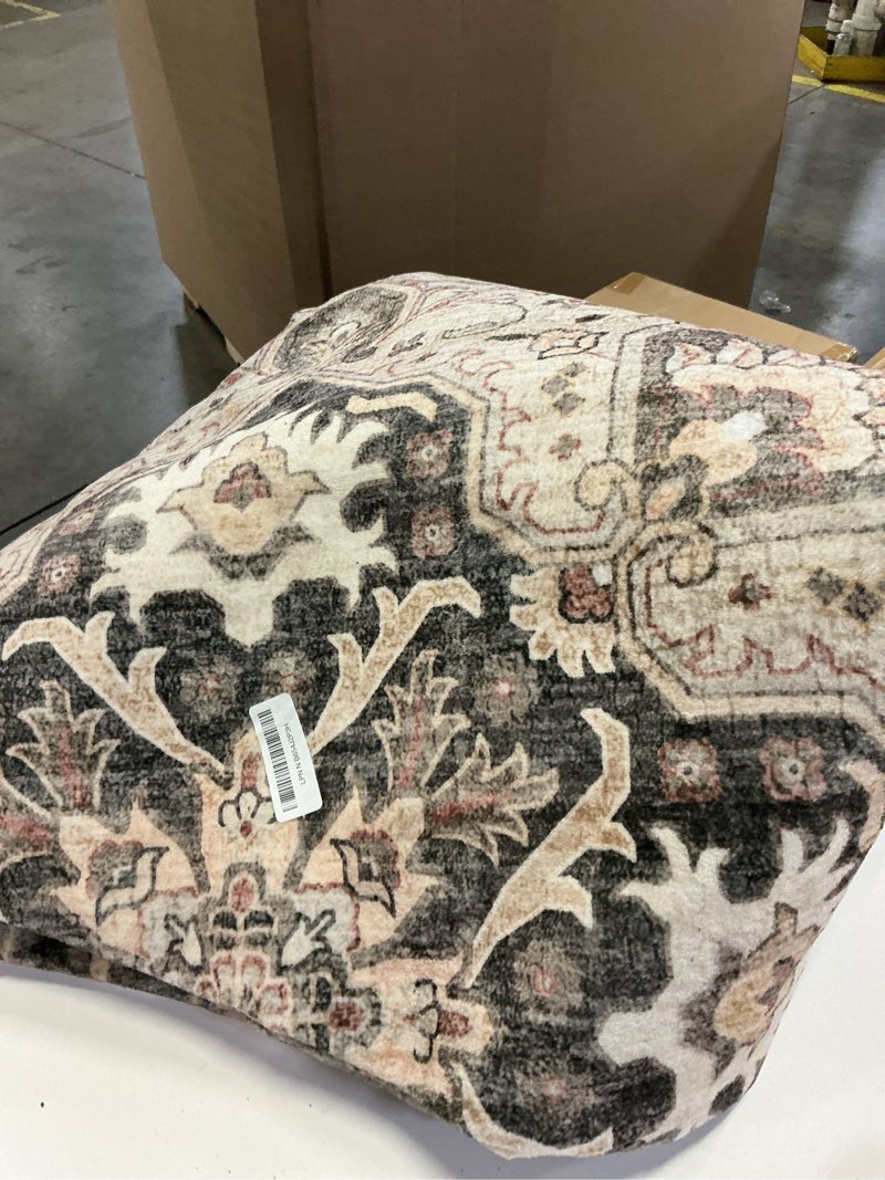 Condition photo showing As Is for 8ft round vintage living room area rug - 8x8 large soft washable oriental traditional distressed farmhouse rugs for bedroom - indoor floor accent carpet for home office house decor - brown brown 8' (round)