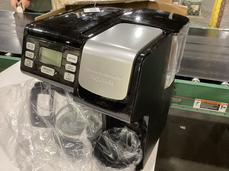 Condition photo showing As Is for damaged hamilton beach flexbrew trio 2-way coffee maker, compatible with k-cup pods or grounds, combo, single serve & full 12c pot, black - fast brewing (49902)