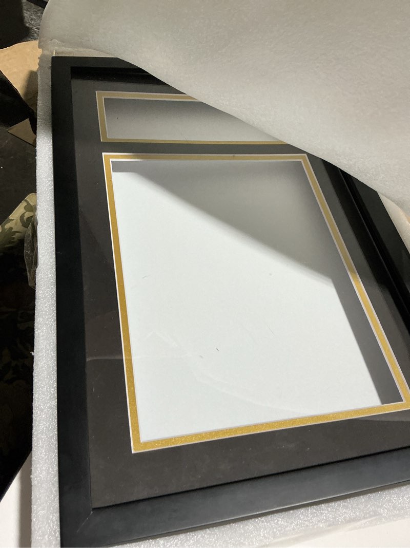 Condition photo showing Good Condition for Golden State Art, 11x17.5 Black Diploma Frame with Tassel Holder for 8.5x11 Diploma and Tassel Frame, Graduation Shadow Box with Solid Wood and Tempered Glass, Black Over Gold Mat for Wall, 1 Pack 11x17.5 Diploma+Tassel (1 Pack) Black Over Gold Mat