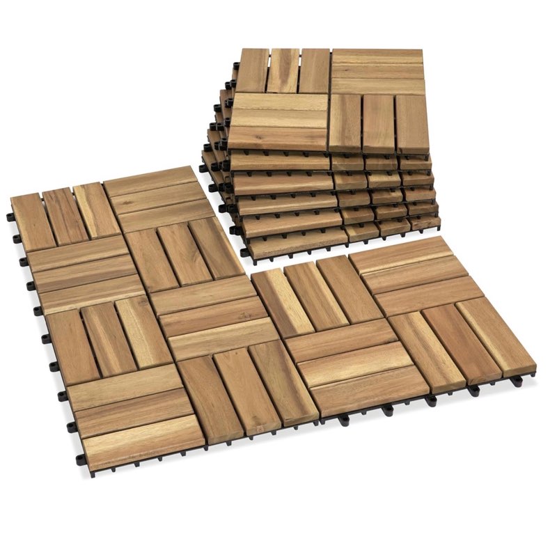 Acacia Wood Decking Tiles 9PCS - Easy Snap Interlocking Deck Tiles for Patio Poolside Balcony Decor - All Weather Waterproof Flooring for Indoor & Outdoor (Round Joints) 12x12" 3. White Oak - 12 Slats 9