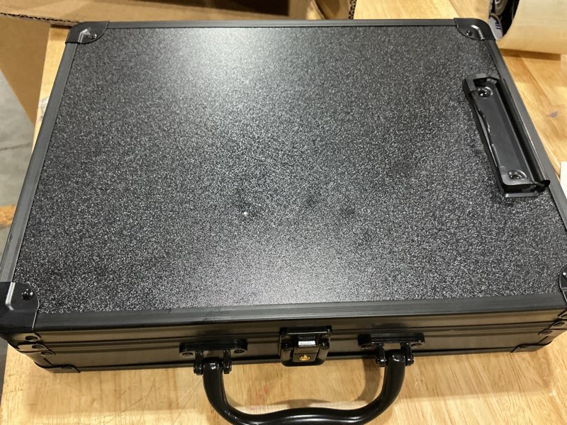 Condition photo showing As Is for sooez key lock clipboard storage box, heavy duty clipboard with storage, metal locking box with handle, lock box maximum security - holds letter size paper, 12.5 x 9.5 inch, black key lock - black