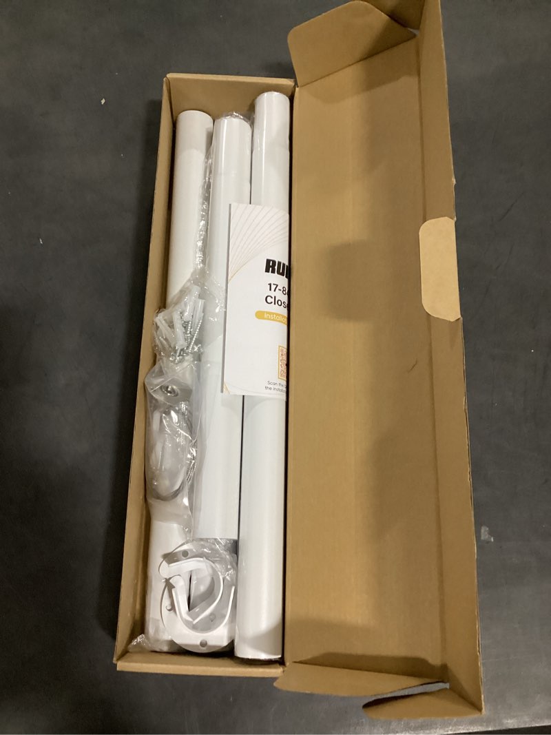 Condition photo showing Good Condition for closet rods for hanging clothes, 17 to 84 inch heavy duty stepless adjustable closet hanging rod, 1.3 inch diameter metal closet rod for wardrobes laundry bedroom rv, white