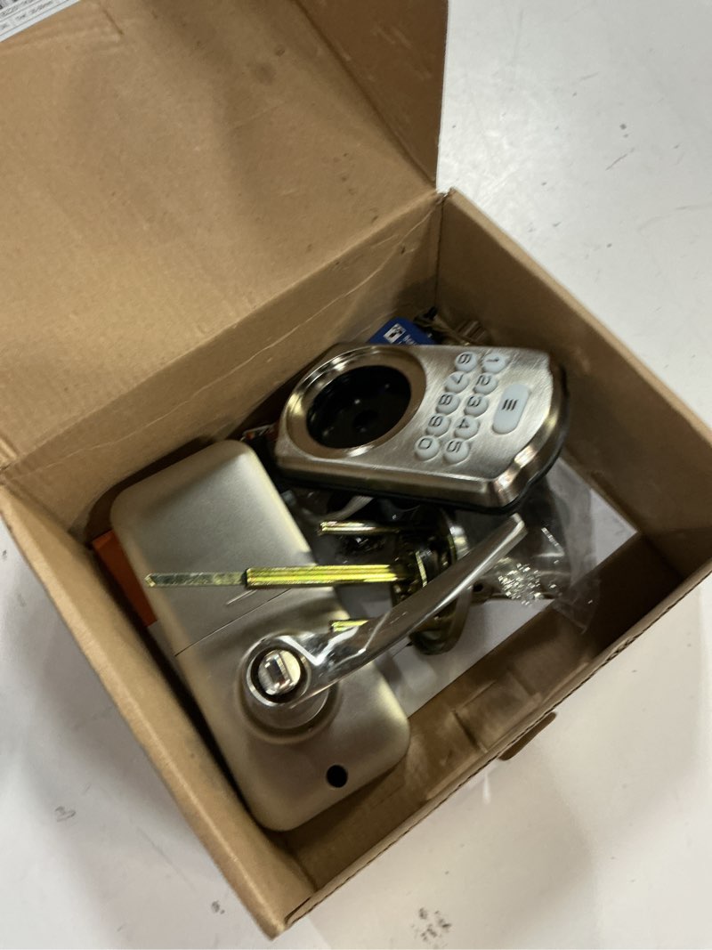 Condition photo showing As Is for veise keypad door lock with handle, keyless entry for front door & bedroom, electronic lock with code, auto-locking, easy installation, passage mode, satin nickel