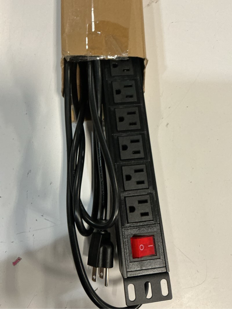 Condition photo showing As Is for btu power strip surge protector rack-mount pdu, 12-outlet power strip with switch, metal mountable heavy duty for server racks, garage, shop workbench, industrial commercial use (black 6ft)