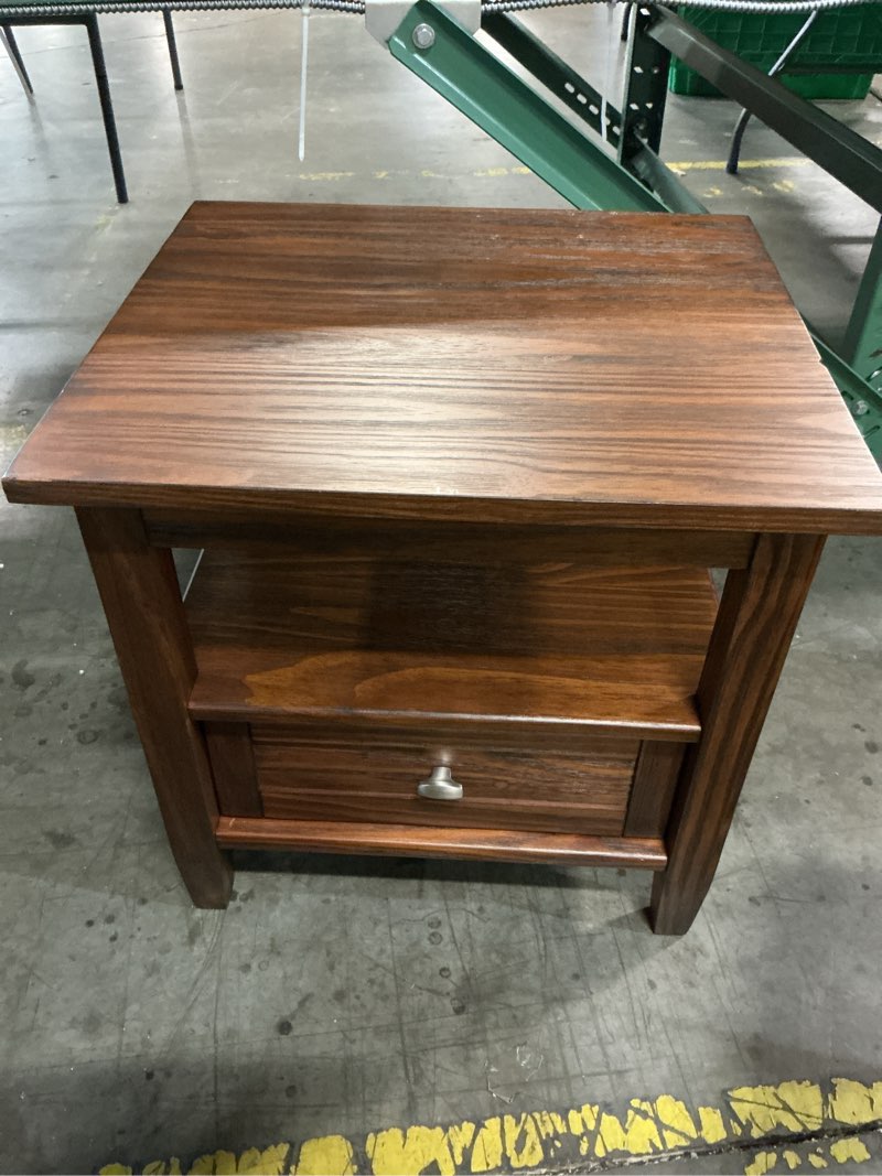 Condition photo showing As Is for simplihome warm shaker 20" wide solid wood end table in farmhouse brown | transitional accent table in distressed charcoal brown with a drawer and open shelf; square side table for living room.