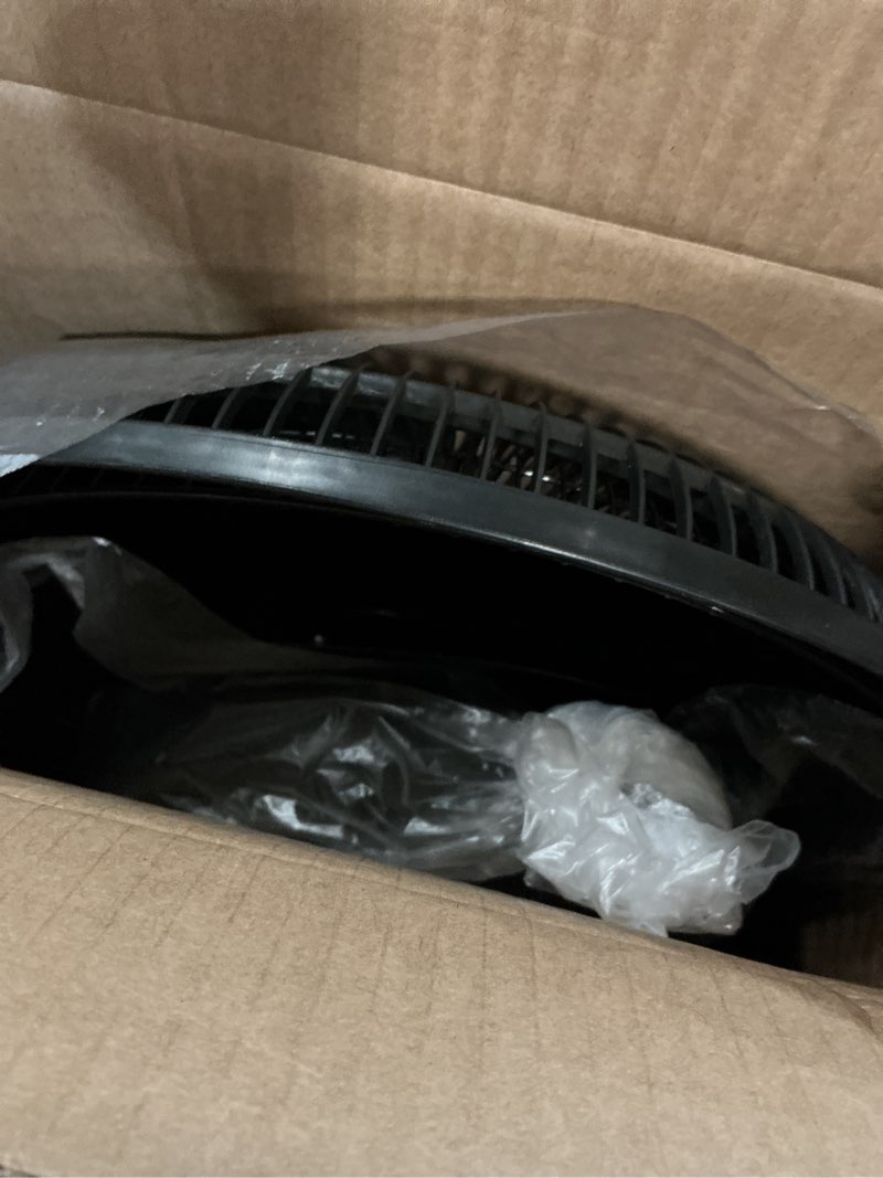 Condition photo showing New/Like New for comfort zone oscillating table fan with adjustable tilt, convenient push button controls, quiet, 12 inch, 3 speed, desk fan, airflow 7.25 ft/sec, ideal for home, bedroom, dorm & office, cz121bk black