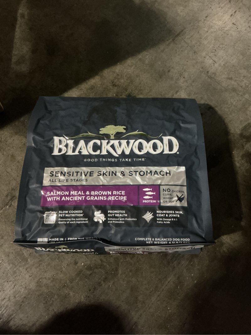 Condition photo showing New/Like New for ( best by 06/16/2026 ) Blackwood Sensitive Skin & Stomach Dry Dog Food, Salmon Meal & Brown Rice with Ancient Grains, 4.5 Pound Bag with Prebiotics & Probiotics to Promote Gut Health Salmon Meal & Brown Rice with Ancient Grains 4.5 Pound (Pack of 1)