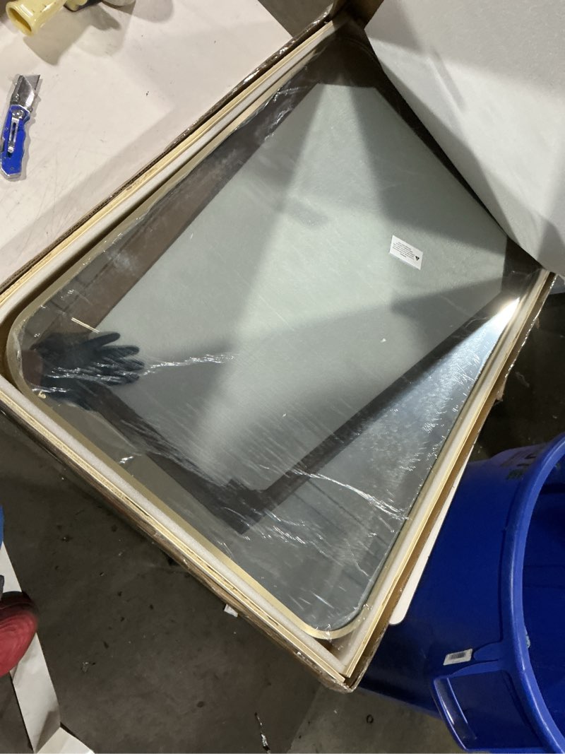 Condition photo showing Good Condition for gold mirror, 24x36 inch framed rectangle mirror with rounded corner, brushed brass mirror, gold bathroom mirror for over sink, vanity, living room, bedroom, horizontal/vertical gold(dark) 24"l x 36"w