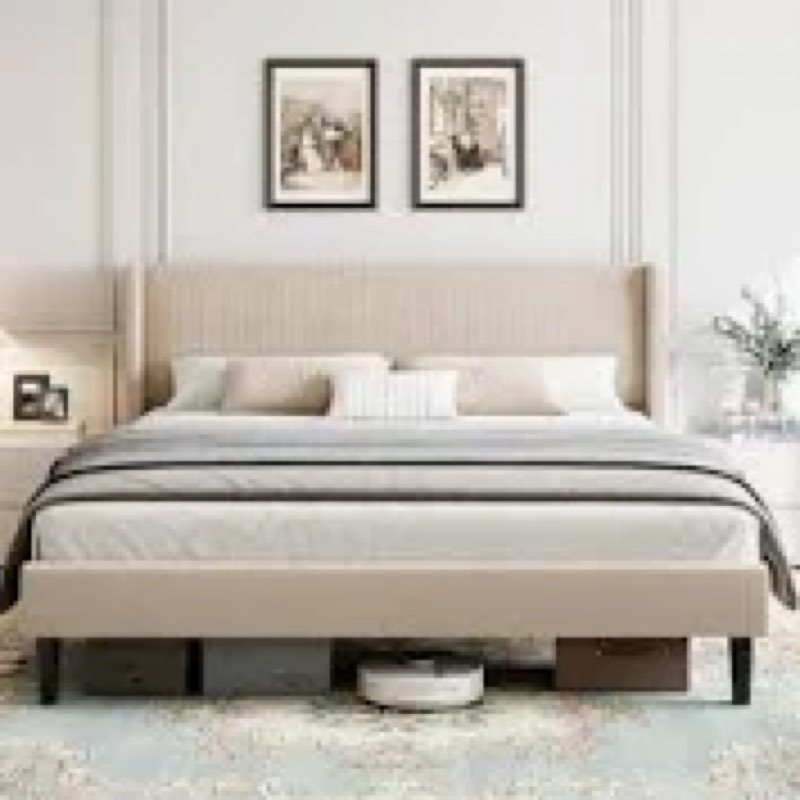 Incomplete Platform Bed Frame With Upholstered Wingback Headboard, No Box Spring Needed