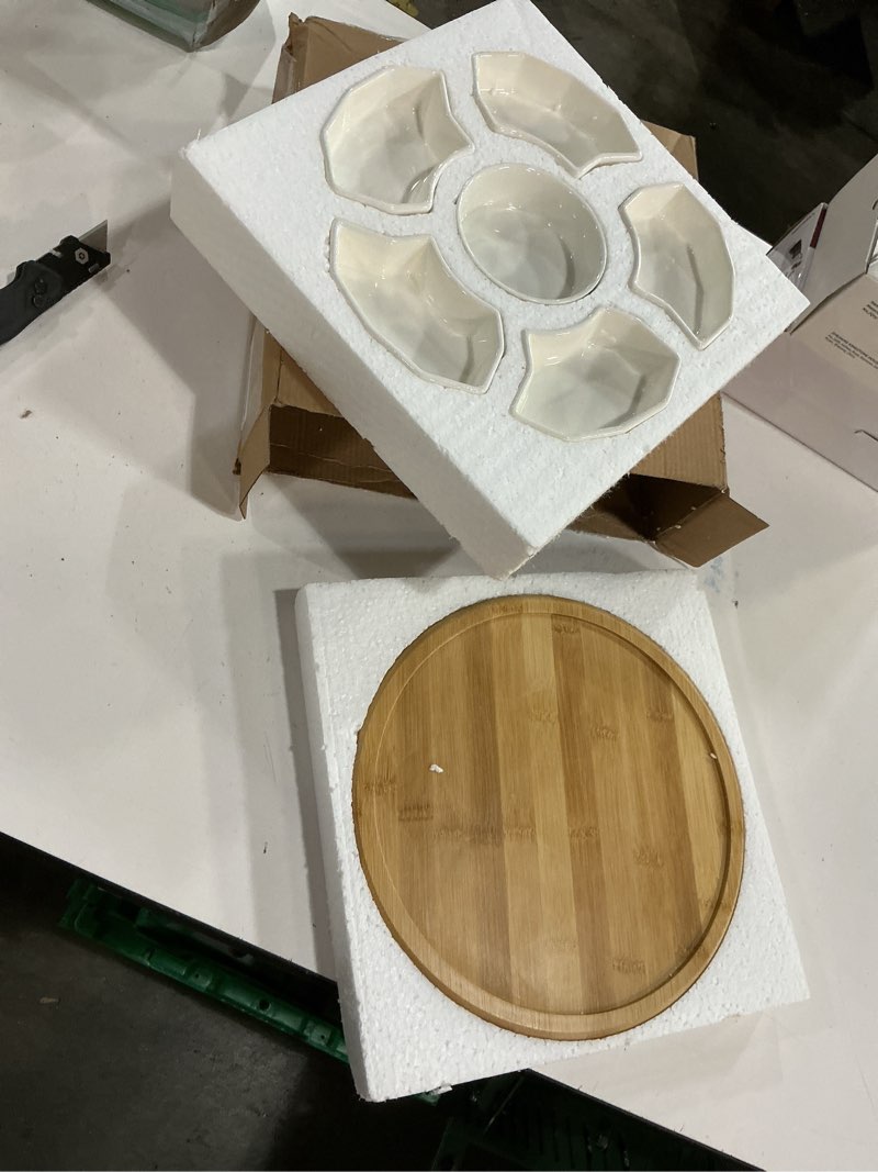 Condition photo showing New/Like New for soujoy 11'' lazy susan serving tray, porcelain 360° rotatable serving tray and platters, removable divided serving dishes, party relish bowl for chip, dip, veggies, candy and snack, cheese, 7 pieces