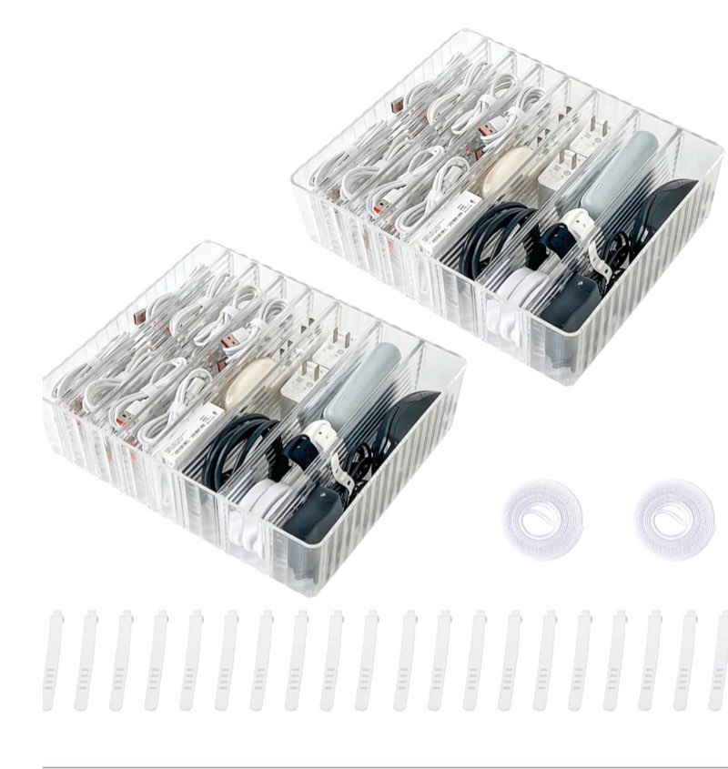 Yesesion 4 Pack Cord Organizer Box with 40pcs Wire Ties, Plastic Charger Storage Case with Adjustabl