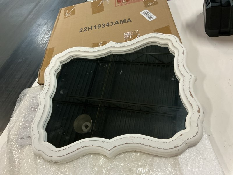 Condition photo showing Good Condition for rustic white small scalloped wall mirror 12" x 15", mirror wall decor, decorative wall mounted mirrors, bathroom mirrors for vanity, distressed finish vintage wall mirror for living room rectangular, white, 12.8 x 15.6
